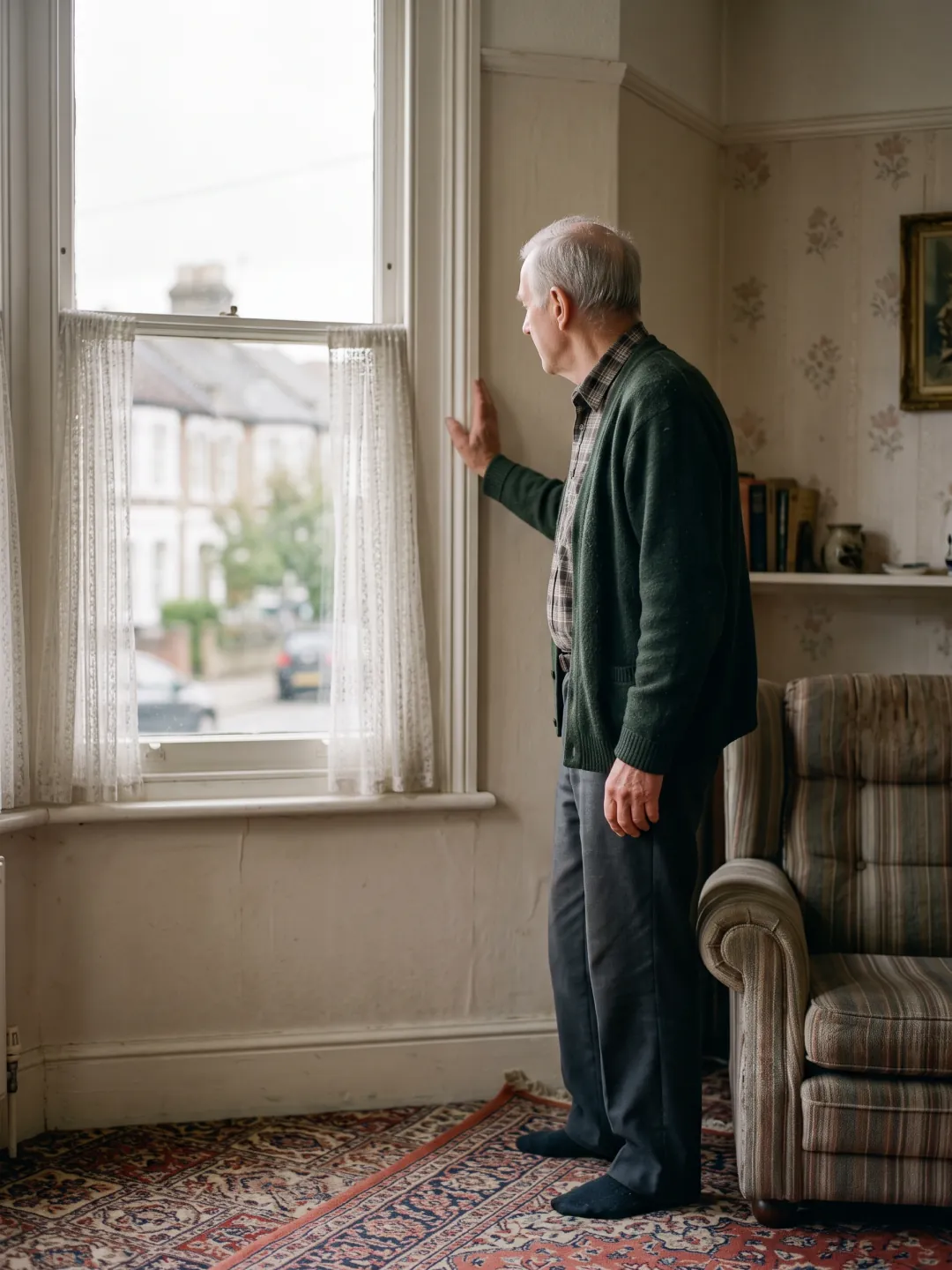 A man in his eighties stands at a window in a quiet sitting room, morning light across the floor.