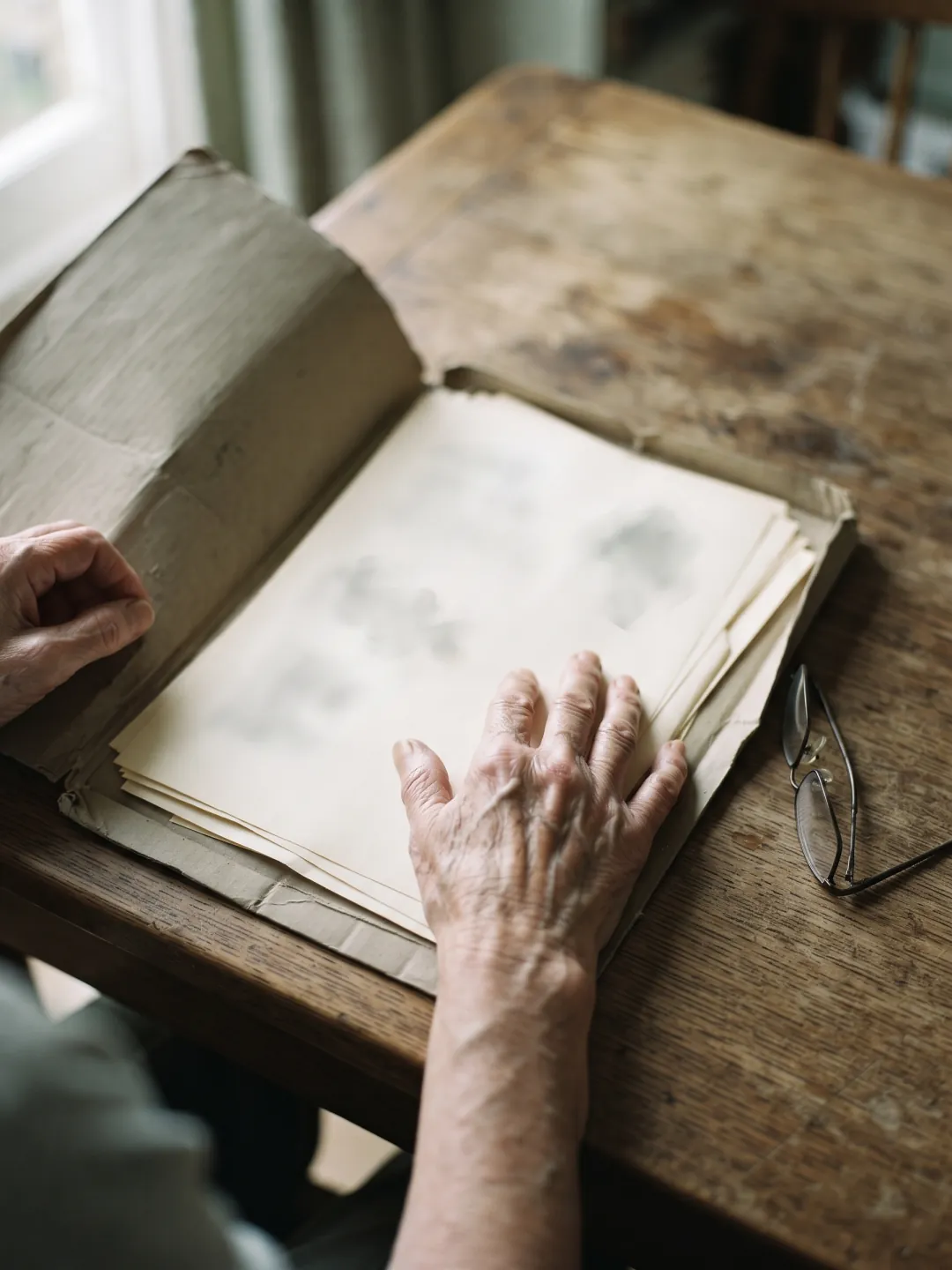 Hands resting on an open folder of papers at a dining table, the writing not legible.