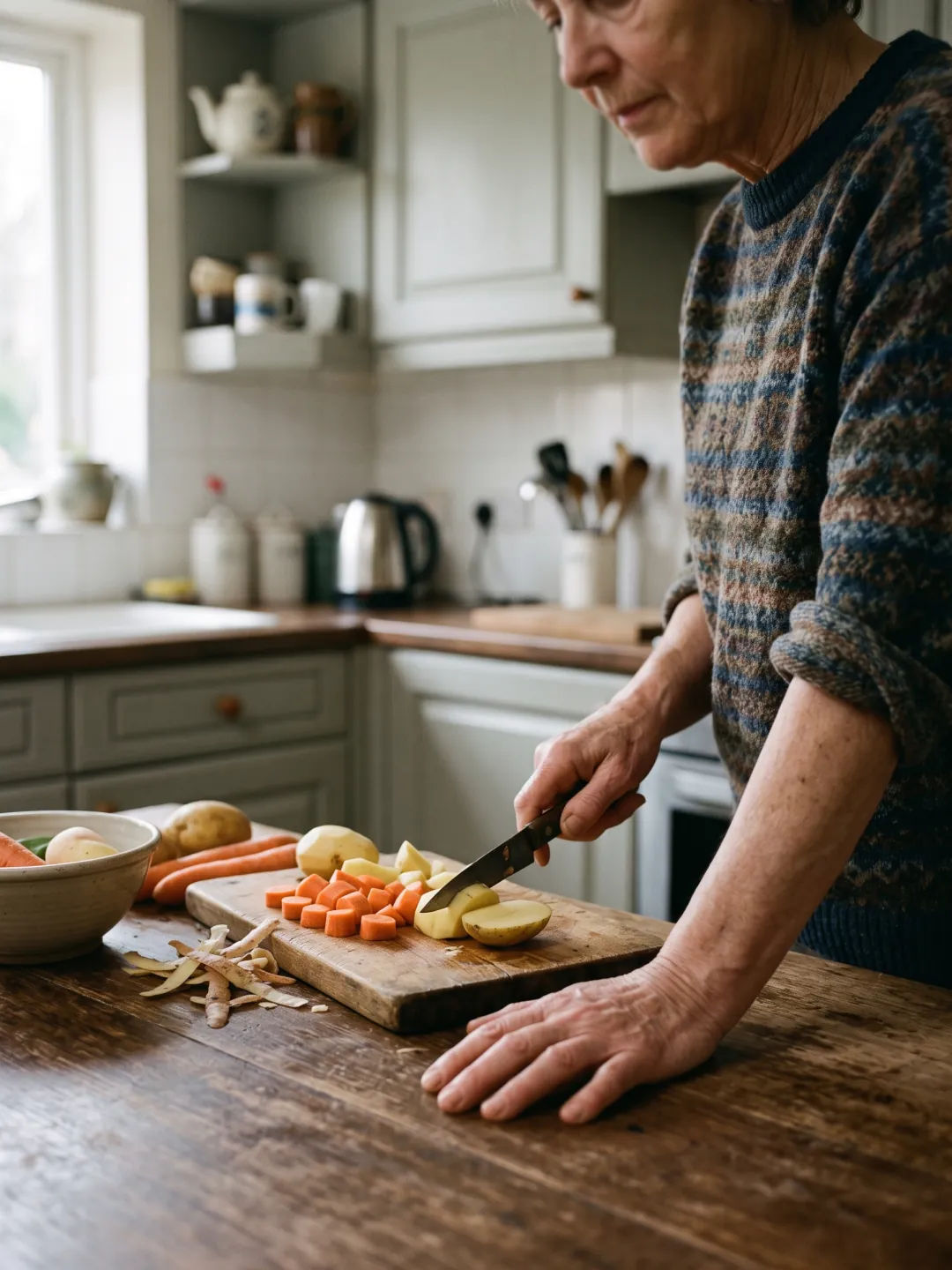 A woman in her sixties prepares vegetables slowly at a kitchen counter, leaning on the worktop.