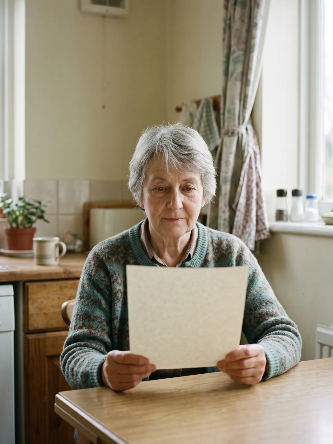 An older woman sits at a kitchen table in daylight, reading a letter.