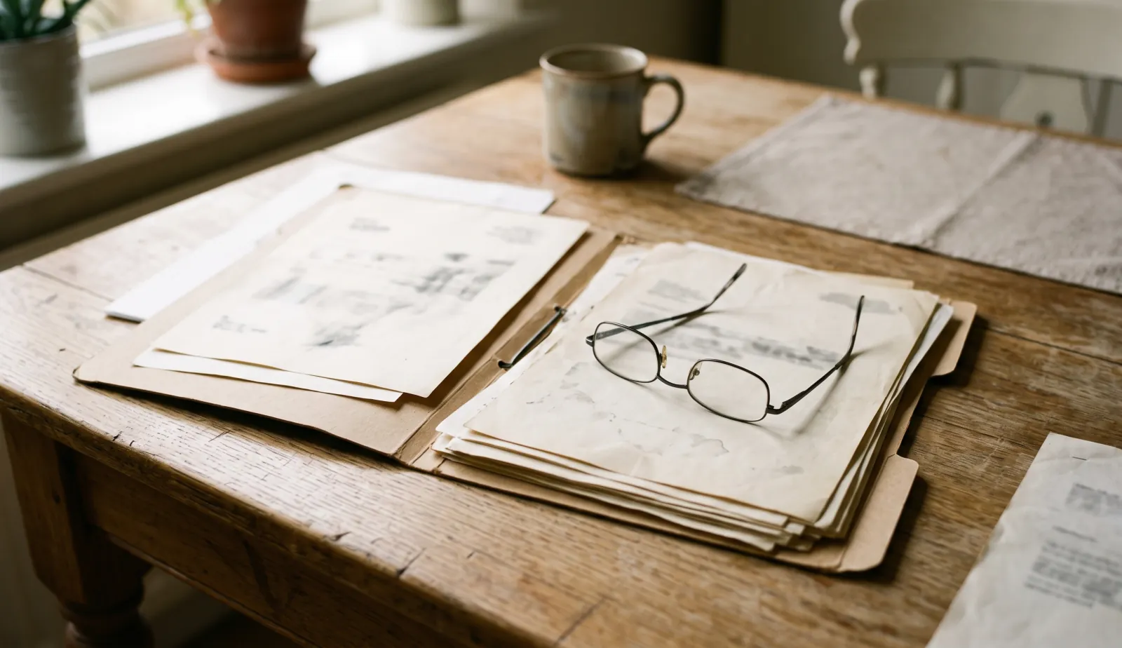 A kitchen table in daylight with an open folder of household paperwork, the writing not legible.