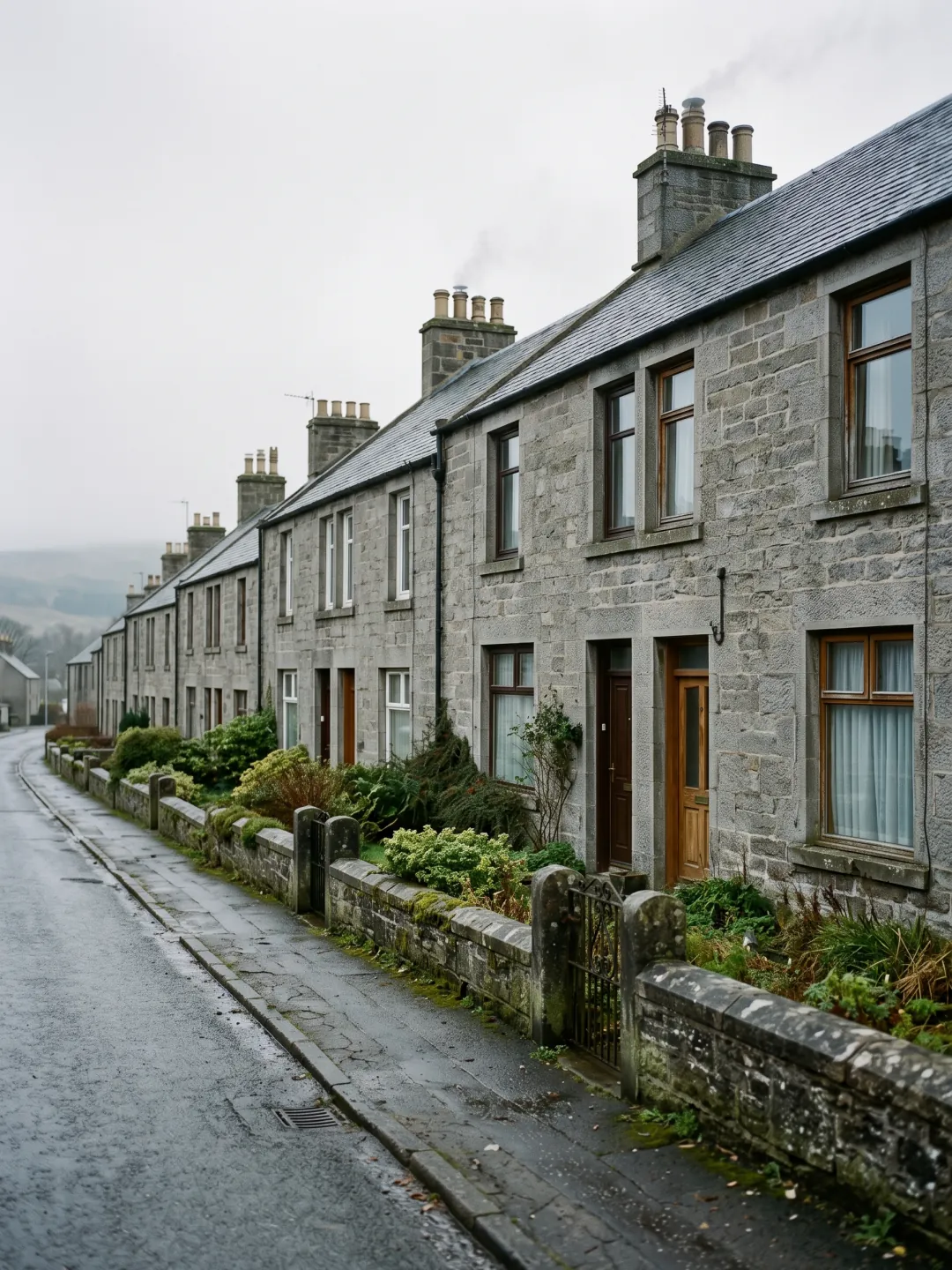 A terraced street in a Scottish town under soft overcast light, no signage legible.